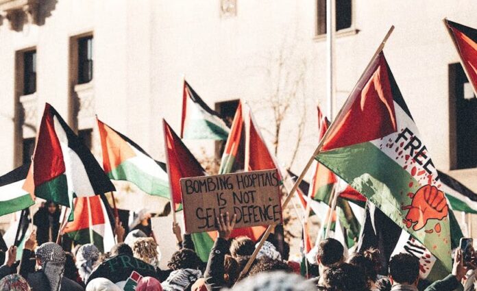 crowd with flags of palestine on manifestation